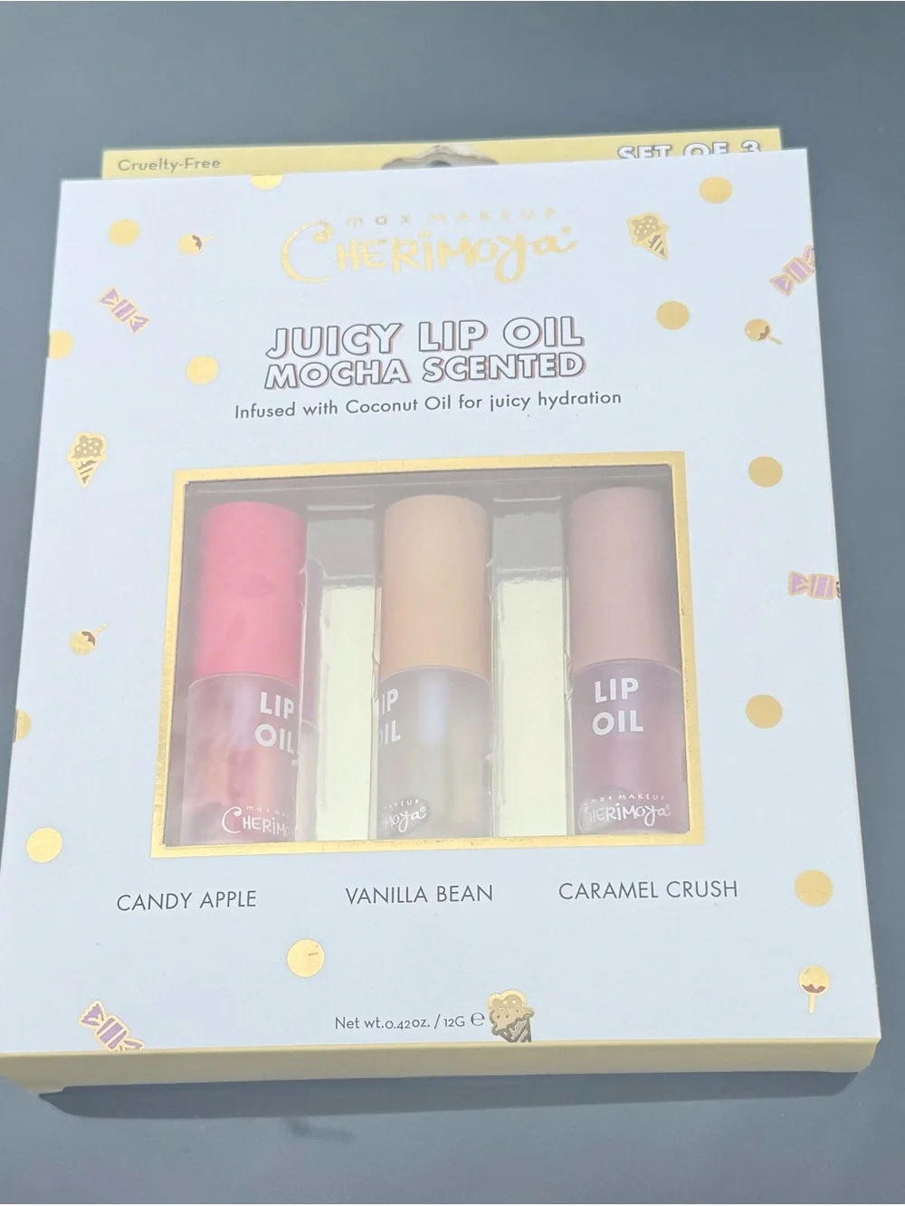 Cherimoya Juicy Lip Oil Trio – Candy Apple, Vanilla Bean & Caramel Crush